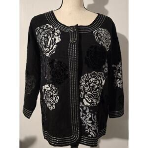 Choices Black Art to Wear Lined Kimono Jacket Silver Velvet Embroidered Dressy M